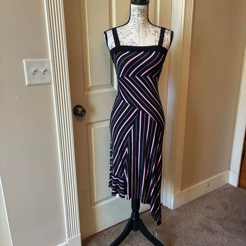 Taboo Vtg 90s Y2K Black & Pink Striped Asymmetrical Midi Dress w/Tie Back